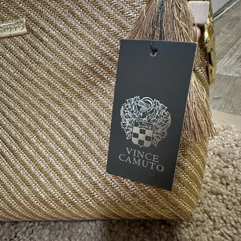 Vince Camuto Metallic Gold Diagonal Weave Cosmetic Pouch with Tassel